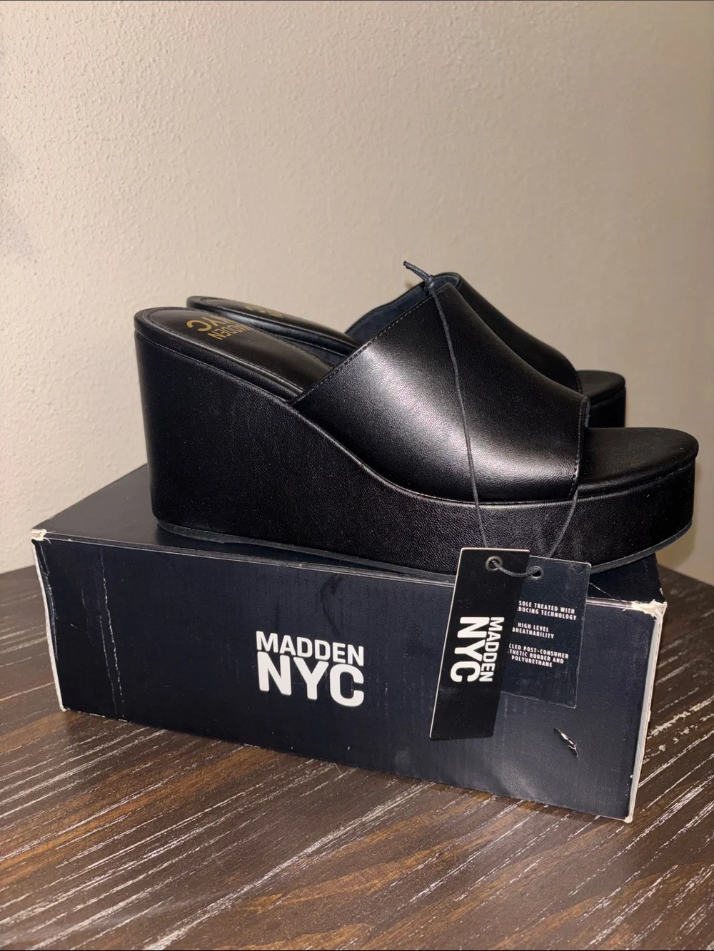 Madden NYC Black Platform Wedge Slides